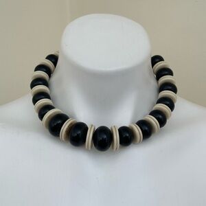 TRIFARI Signed Chunky, Retro, Black & White Disc Bead Necklace
